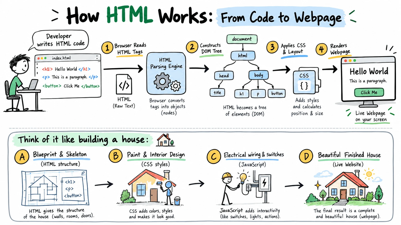 How HTML Builds a Webpage - Step-by-Step Diagram of Request Response Cycle, DOM Parsing and Rendering