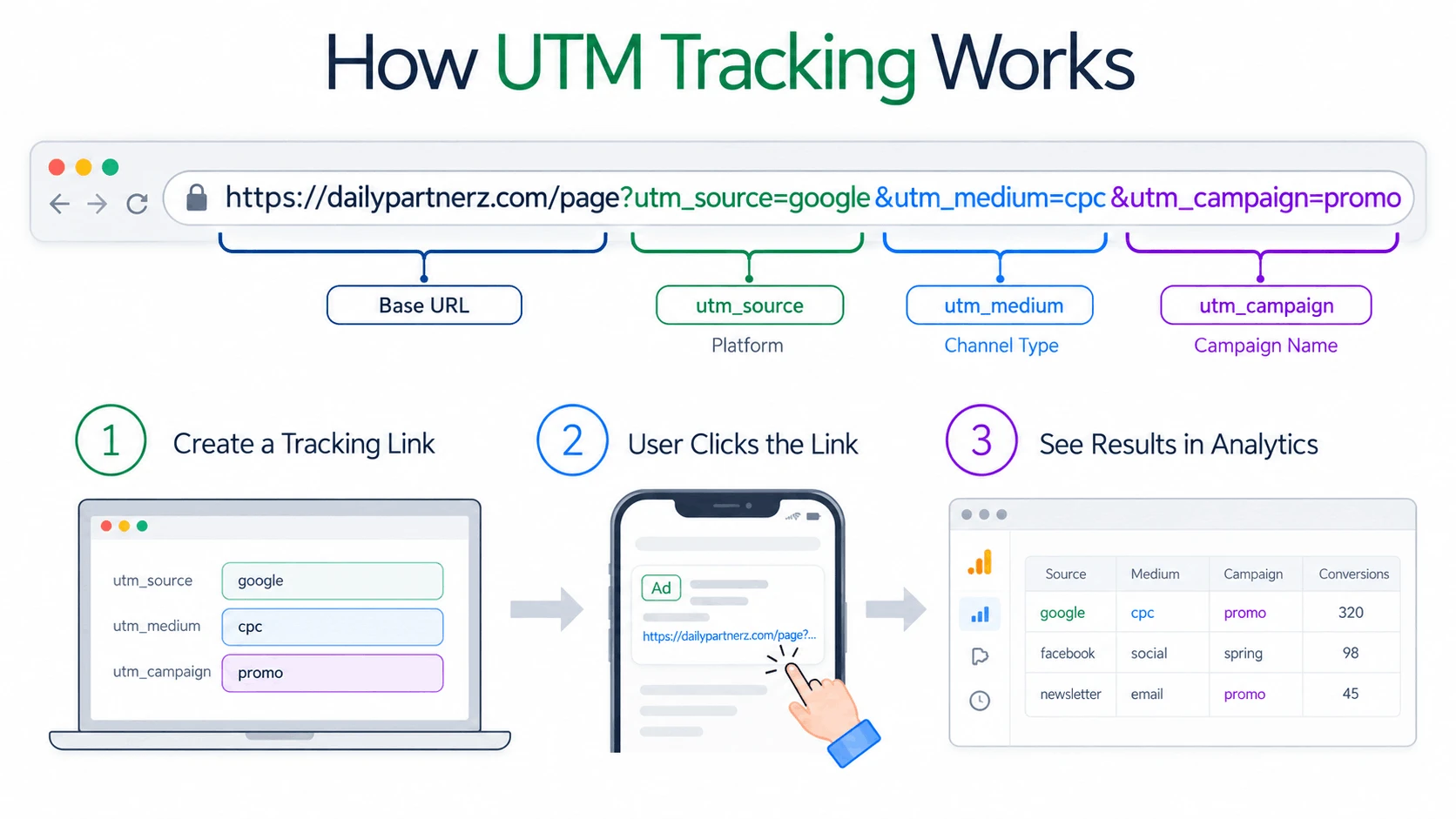 How UTM Tracking Works - Step-by-Step Diagram of URL Parameters and Analytics Tracking